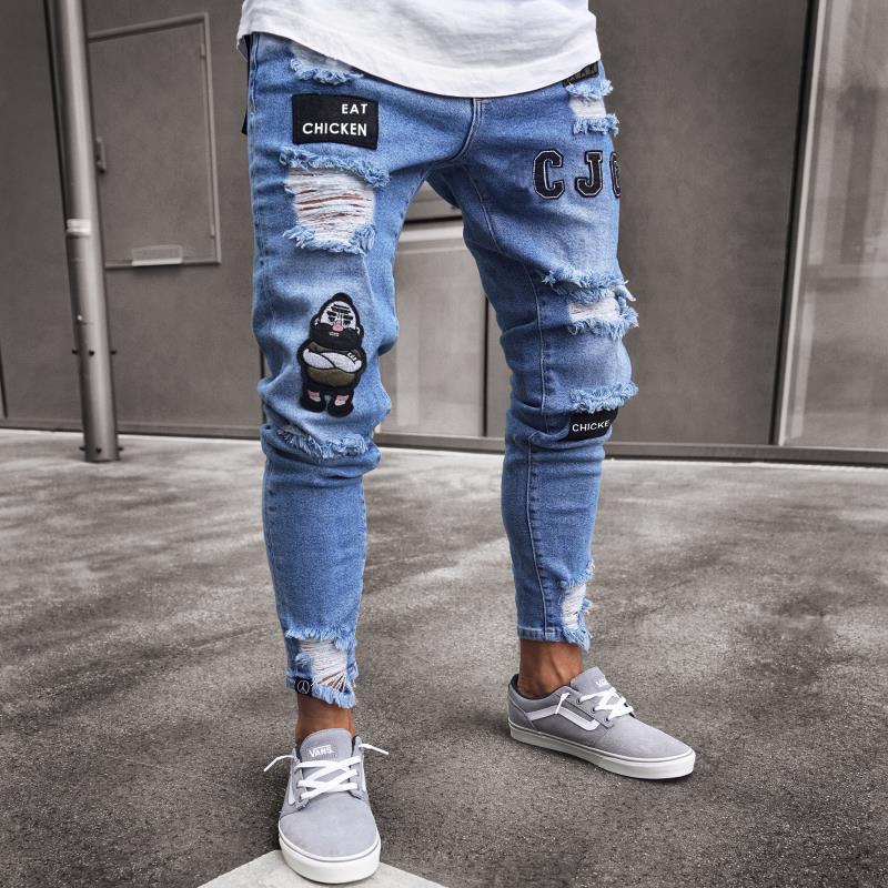 Men’s jeans White High-end Denim Men's Trousers Cross-border Foreign Trade Hole Trend Black Slim Jeans Men