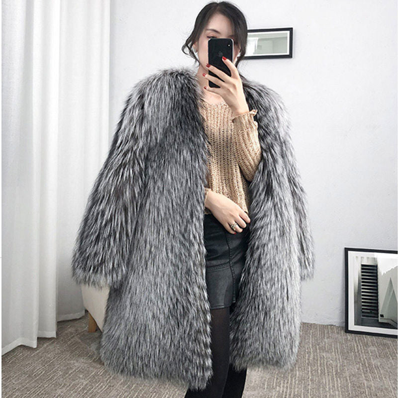 Woman’s coat Mid-length Fox Fur Faux Fur Coat Women's Warm Leisure Overcoat