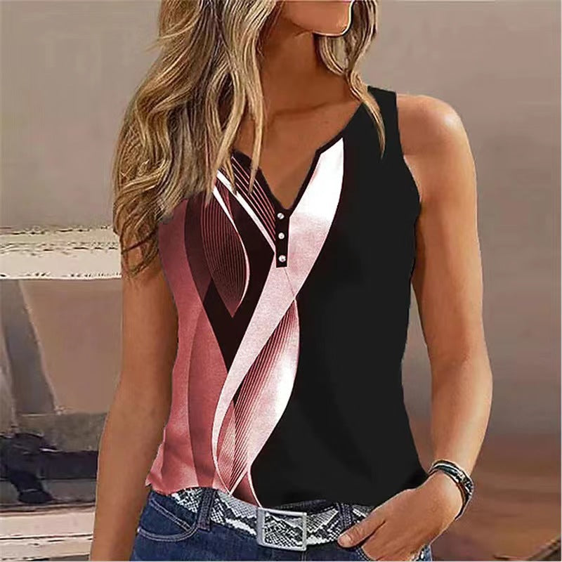 Woman top European And American V-neck Abstract Printing Sleeveless Vest Top