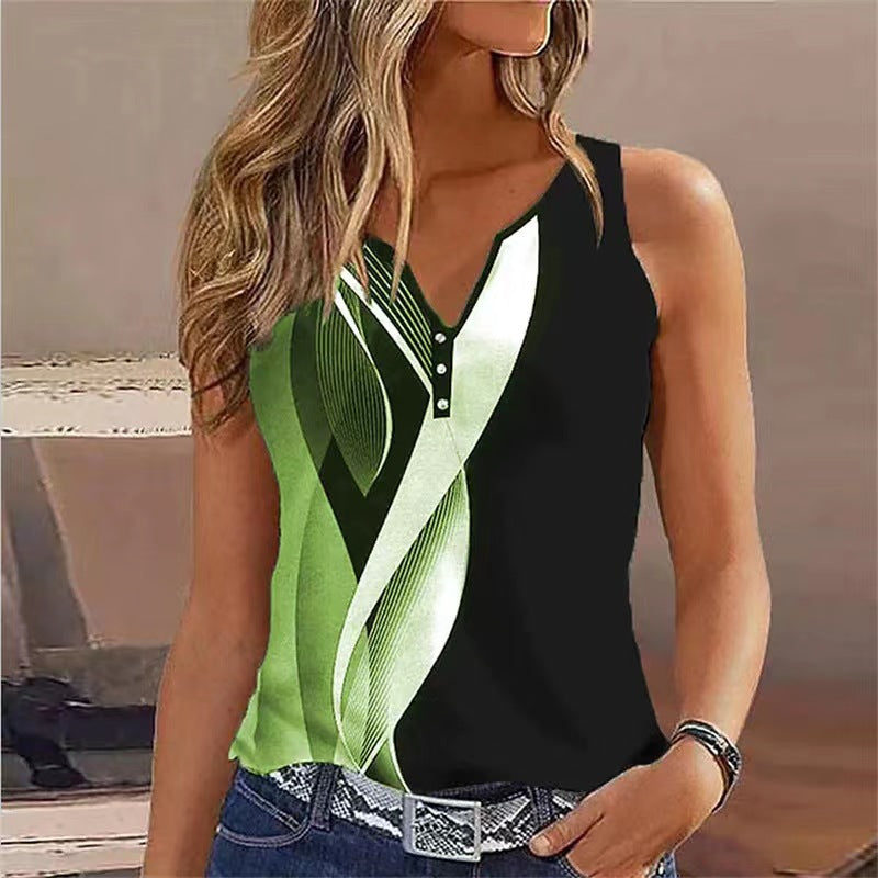 Woman top European And American V-neck Abstract Printing Sleeveless Vest Top