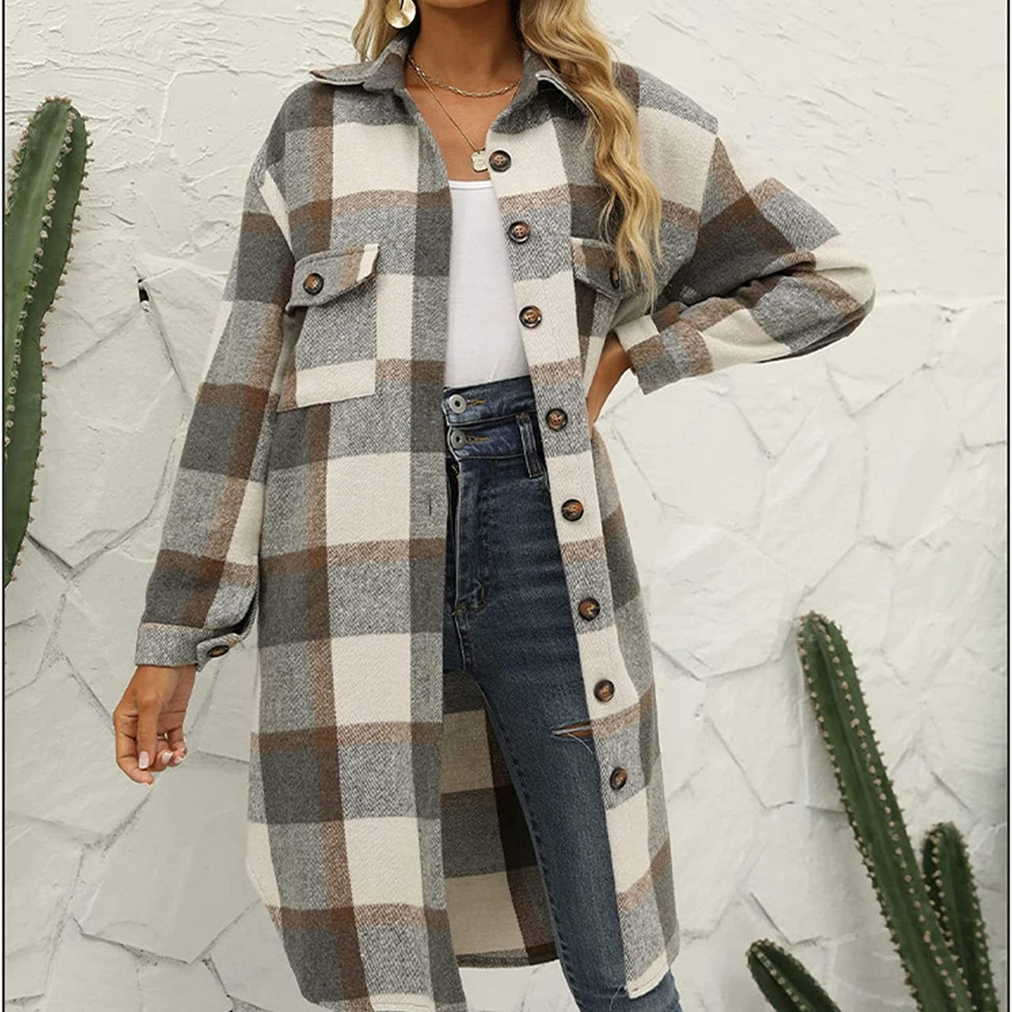 Woman’s coat Plaid Lapel Button Woolen Casual Trench Coat