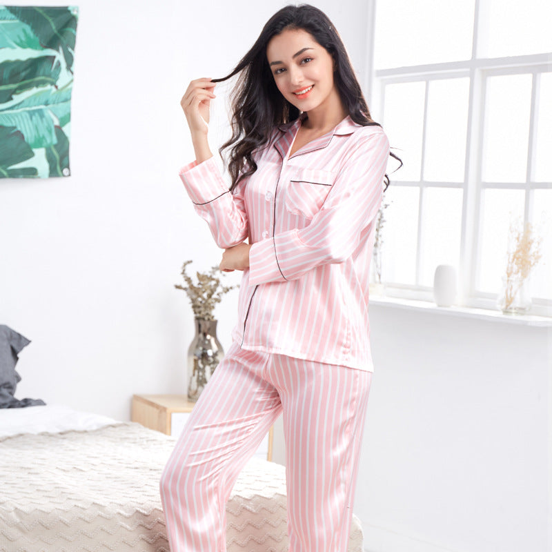 Female pajas New Striped Casual Homewear Korean Style Thin Long-sleeved Trousers Suit