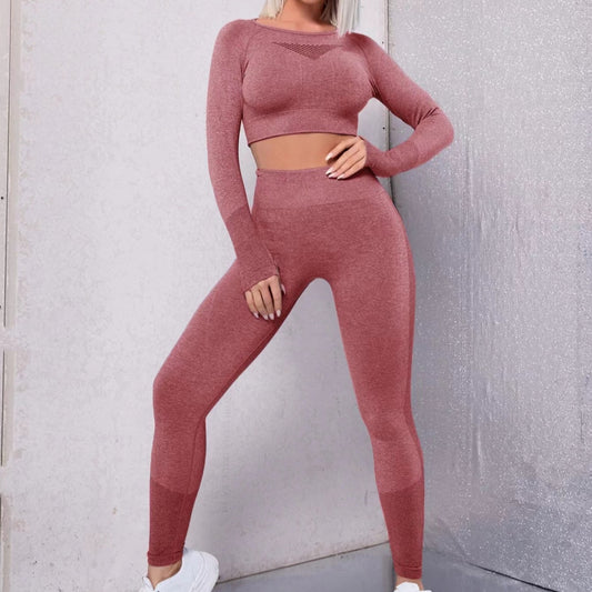 Yoga Outdoor Base Fitness Peach Hip Hollow-out Tight Long Sleeve Trousers Sports Two-piece Suit