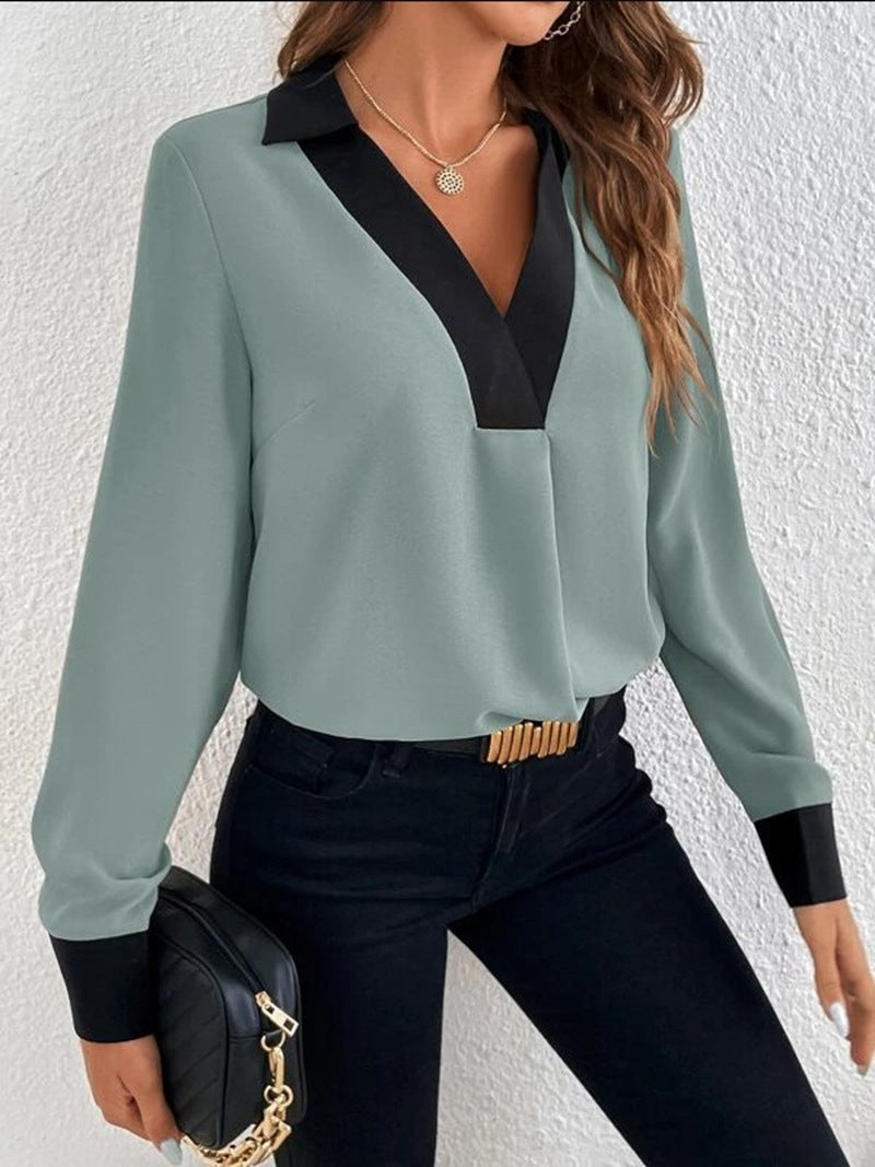 Women's shirt V-collar Contrast Color Casual Shirt