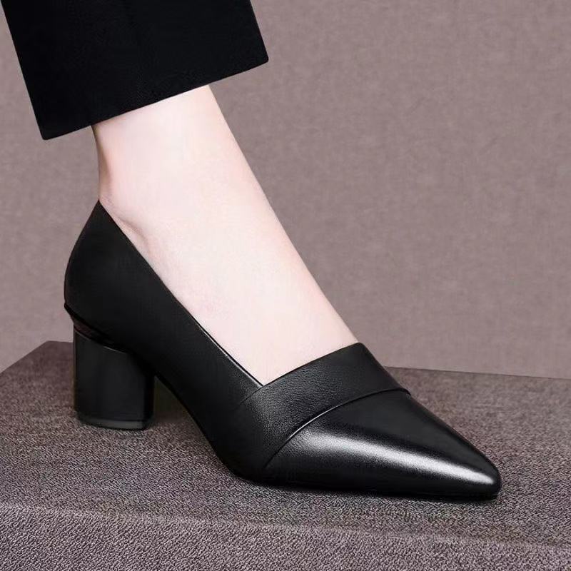 Genuine Leather women shoes Thick Heel Single Shoes Women Mid-heel Pointed Toe Women's Shoes Pumps Double Brown