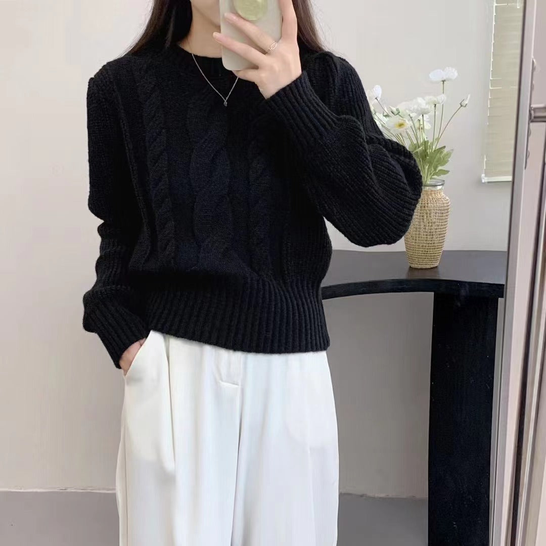 Woman sweater European And American Solid Color Knitwear Autumn Winter Japanese New Round Neck Pullover Lantern Sleeve Cable-knit Sweater