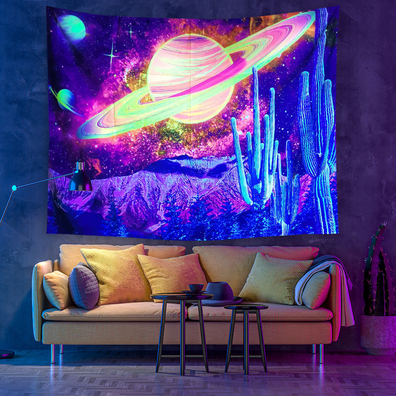 Fluorescent UV Light Seven Stars Bohemian Landscape Moon Phase Wall Hanging