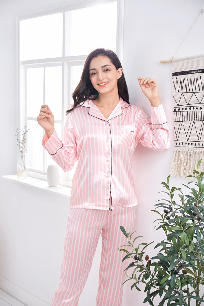 Female pajas New Striped Casual Homewear Korean Style Thin Long-sleeved Trousers Suit