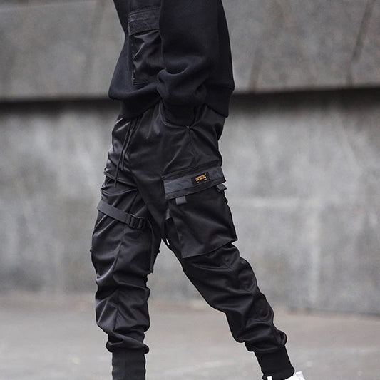 Men Black Hip Hop Cargo Pants Elastic Waist Jogger Trousers Sweatpants Pockets Full Length Casual Fashion