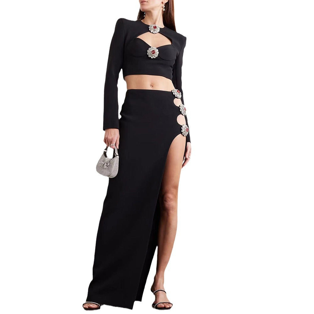 Long Sleeve Hollow Diamond Short Top Side Slit Dress