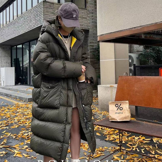 Woman Down Jacket Long Below-the-knee Length Winter Loose Hooded Thickened jacket