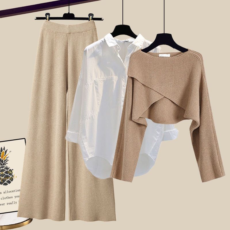 Knitted Sweater Shirt Wide Leg Pants Three-piece Set Autumn And Winter Suit Women