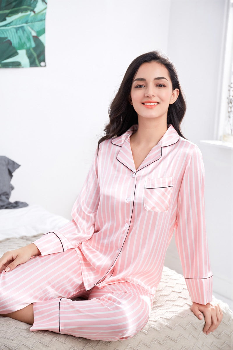 Female pajas New Striped Casual Homewear Korean Style Thin Long-sleeved Trousers Suit