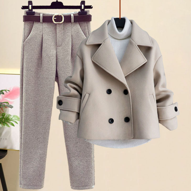 Winter Women's Woolen Coat Sweater Pants Three-piece Set