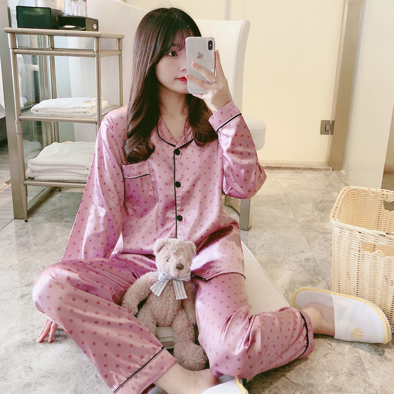 Woman pajamas Sweet Luxury 5050 Artificial Silk Lapel Long Sleeve Trousers Home Wear Two-piece Suit