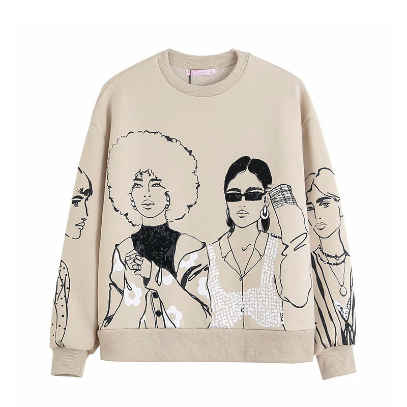 Cartoon Girl Print Round Neck Loose Sweater