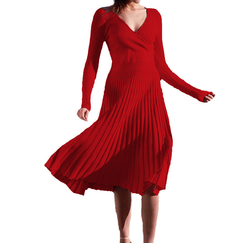 Women's Long Sleeve V-neck Wrapped Chest Mid-length Knitted Pleated Dress