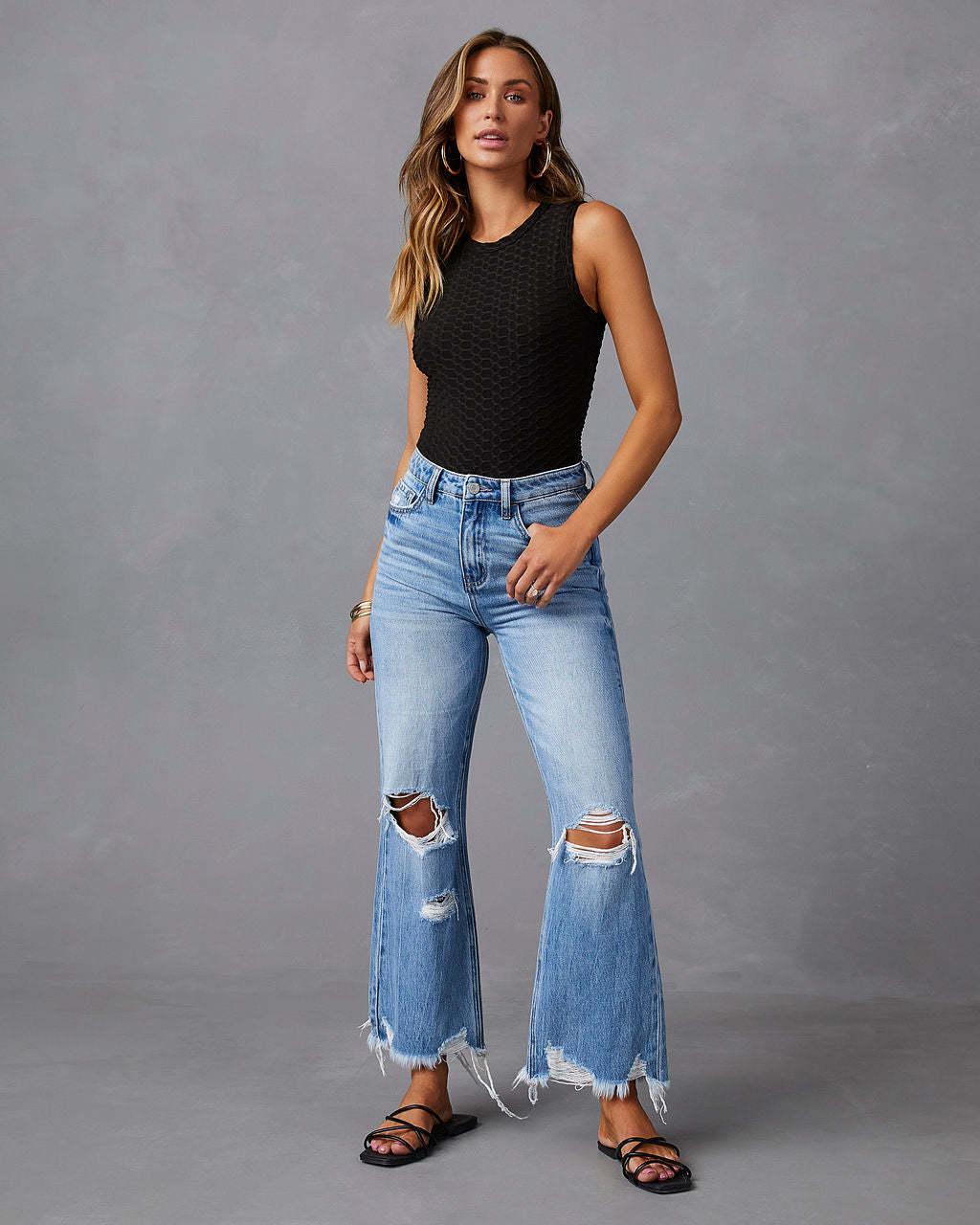 European And American Water Washed Hole High Waist Trousers Wide Leg Pants Jeans