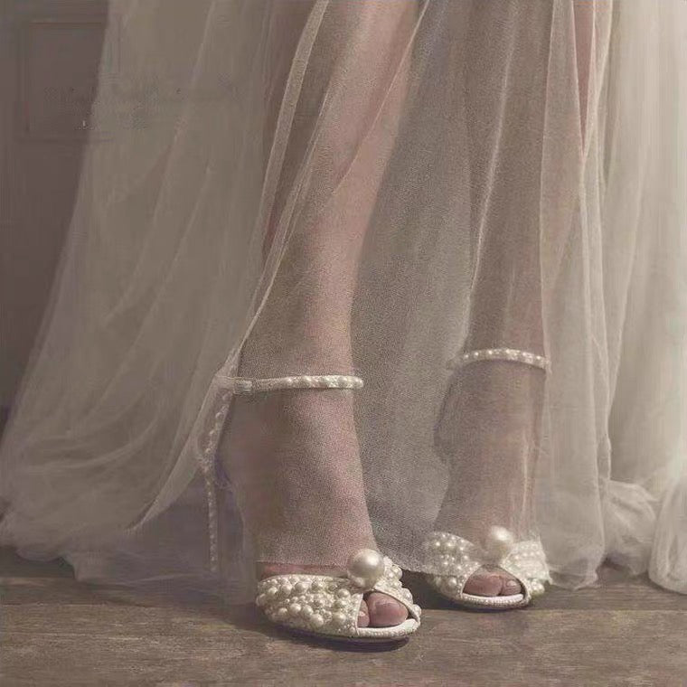 Fish Mouth Pearl Sandals Bridal Wedding Shoes Women