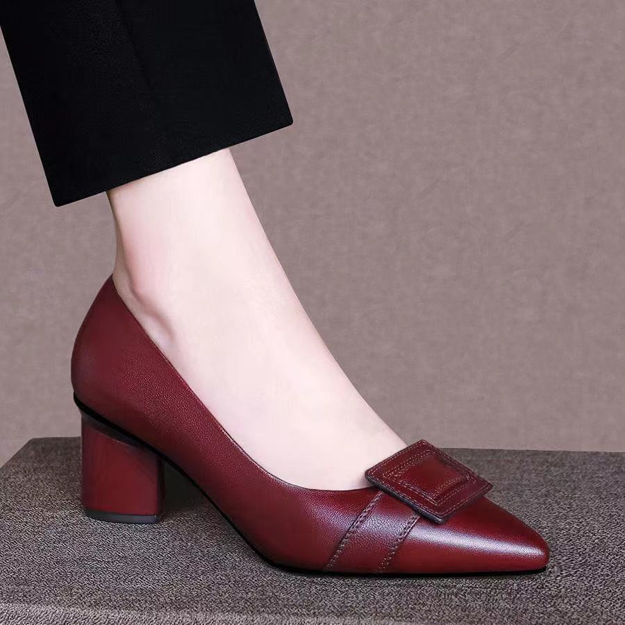 Genuine Leather women shoes Thick Heel Single Shoes Women Mid-heel Pointed Toe Women's Shoes Pumps Double Brown