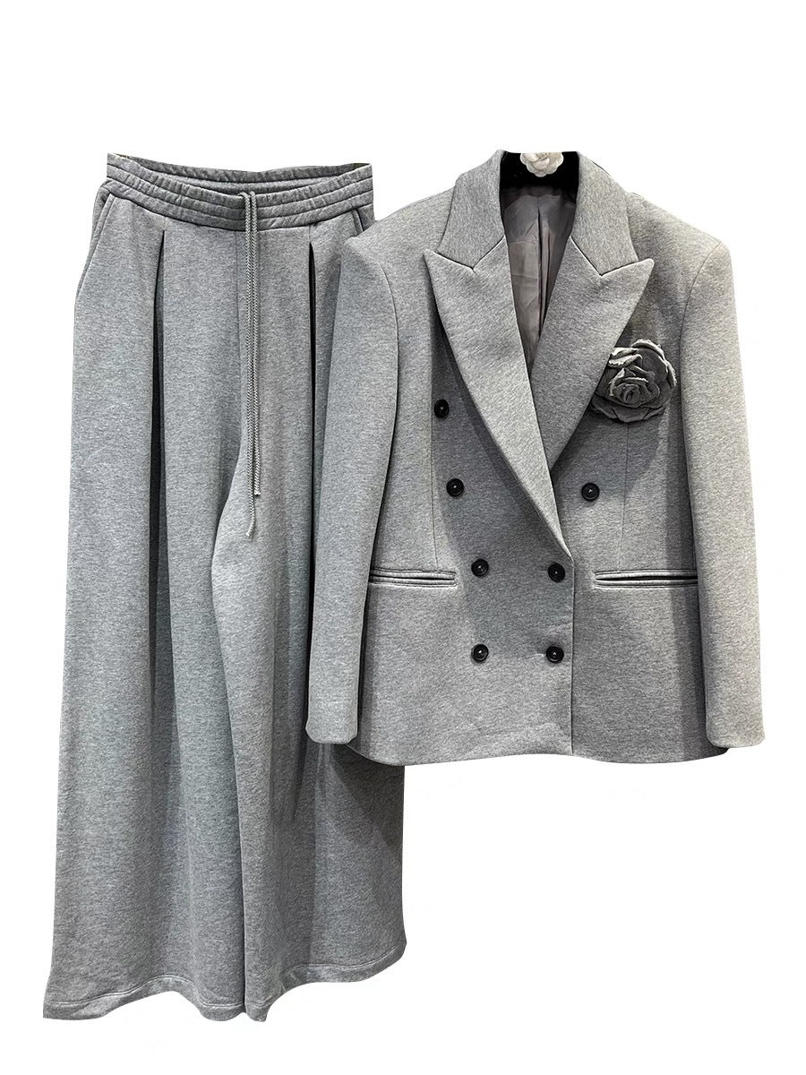 Fall Winter Fashion Suit Three-dimensional Flower Brooch Suit Jacket Fishbone Vest Pleated Wide Leg Trousers