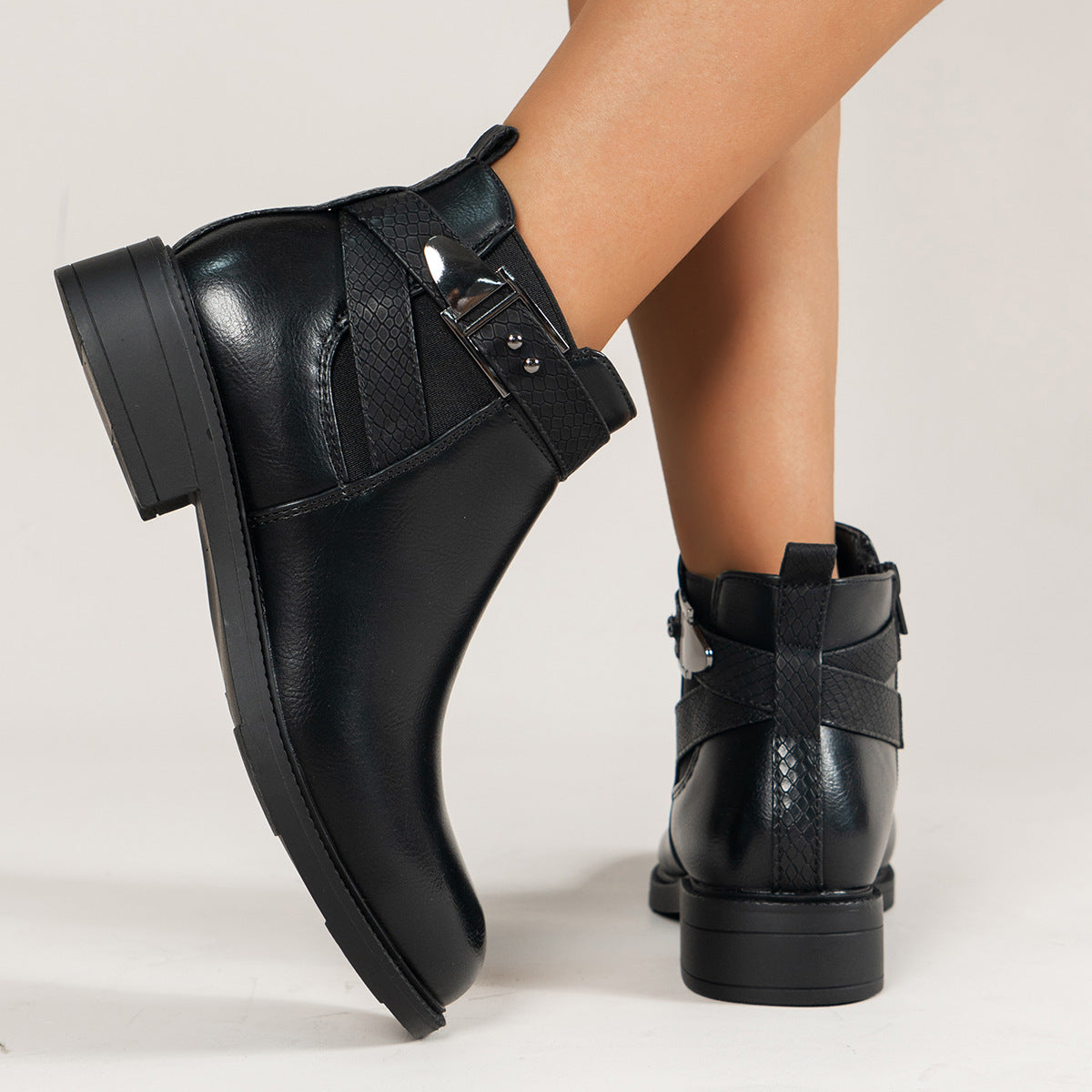 Chelsea Boots Women Black Ankle Boots Side Zipper Buckle Shoes